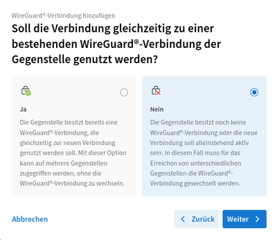Jetzt will der Assistent wissen, ob dies die erste oder eine zusätzliche Verbindung auf der Gegenstelle ist.