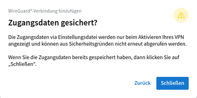 Eine letzte Warnung, dass die Konfiguration gesichert werden muss. Man kann nochmal zurückgehen. Bei anderer Auswahl weiter am Anfang hätte es auch einen QR-Code im Schritt davor gegeben, den die Fritzbox nicht hätte kontrollieren können. So macht die Warnung wenig Sinn.