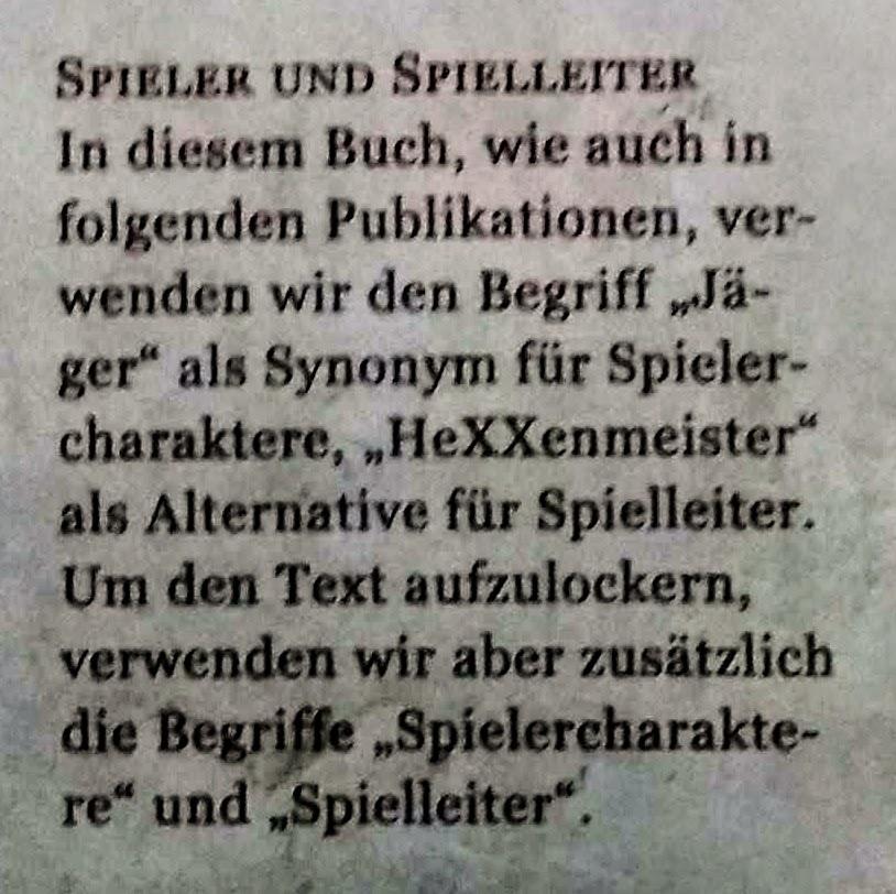 Ausschnitt aus dem Regelwerk, worin alternative Bezeichnungen für Spieler, Charaktere und Spielleiter etabliert werden.